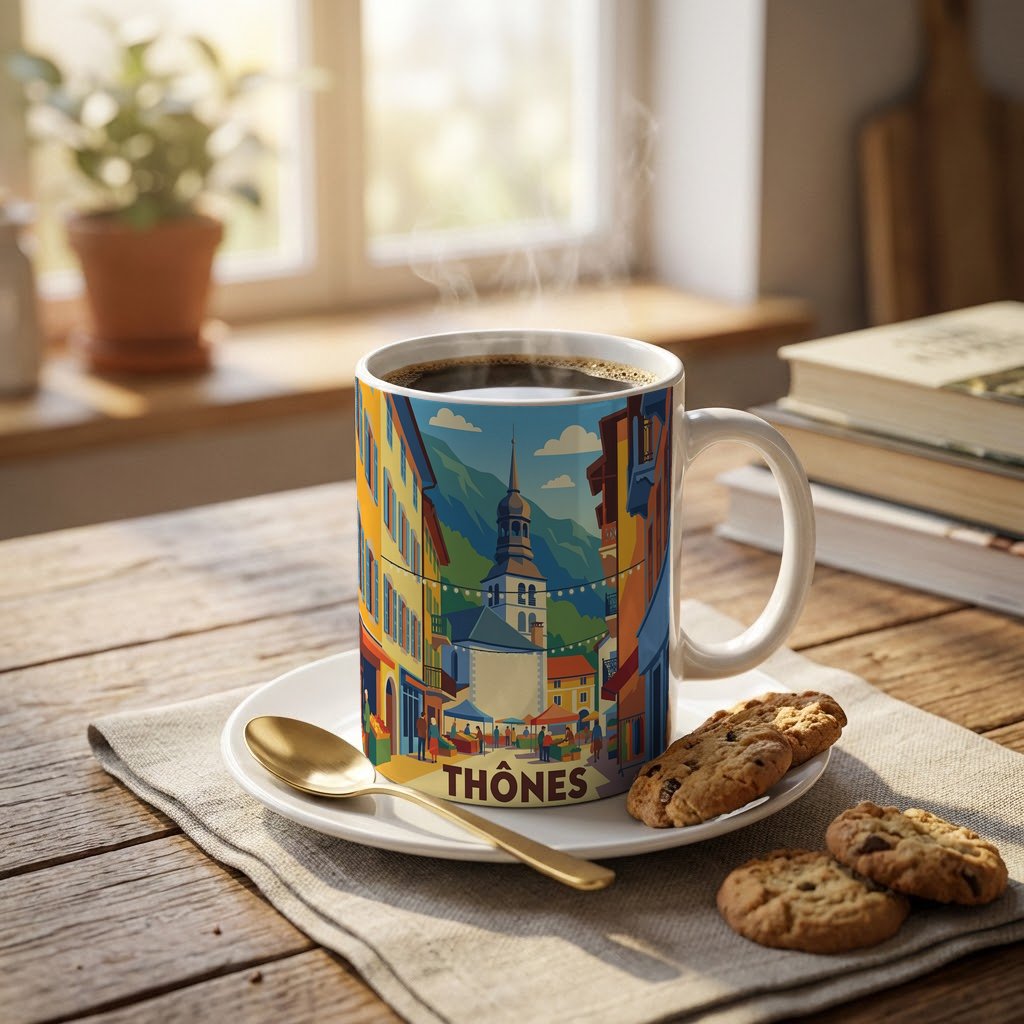 Mug souvenir de la ville de Thônes avec une illustration stylisée de ses montagnes et de son architecture.