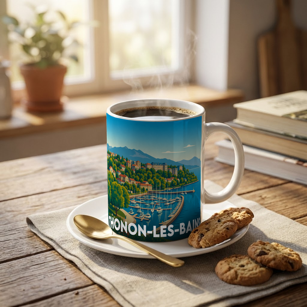 Mug souvenir de la ville de Thonon-les-Bains avec une illustration stylisée de son port.