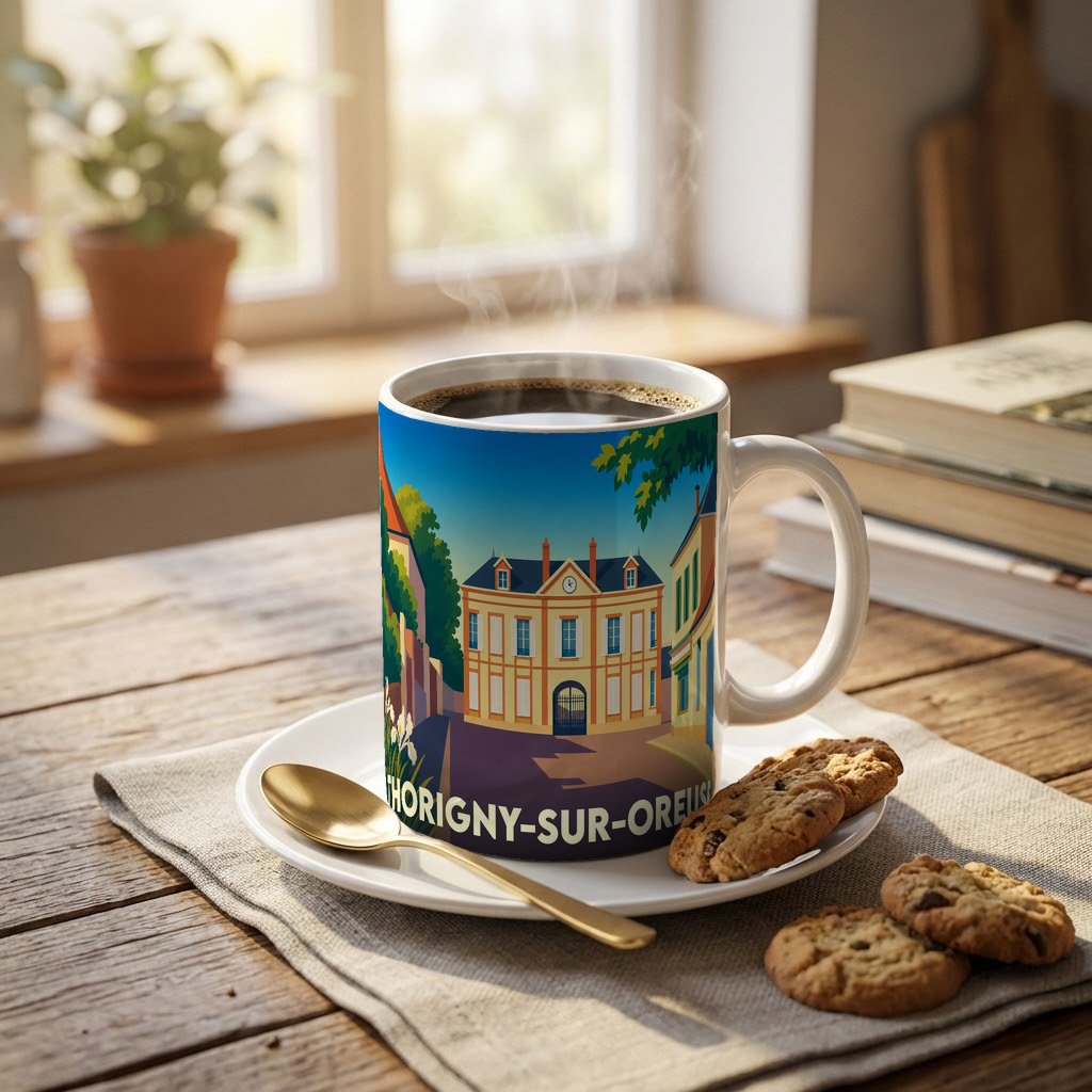 Mug souvenir de la ville de Thorigny-sur-Oreuse avec une illustration colorée et stylisée.