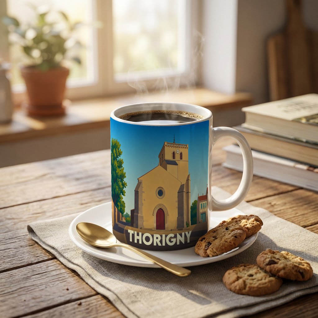 Mug souvenir de la ville de Thorigny avec une illustration stylisée de son église.
