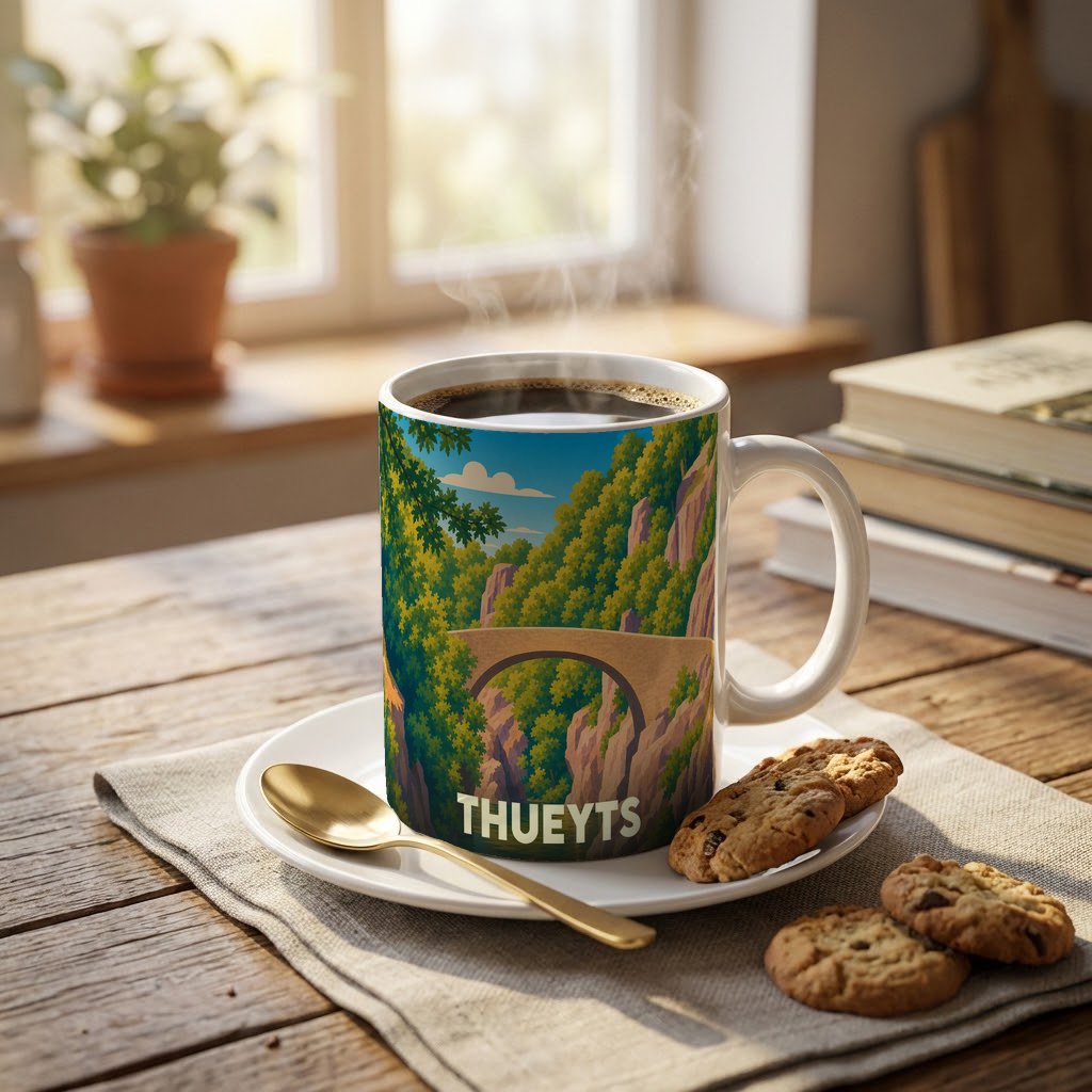 Mug souvenir de la ville de Thueyts avec une illustration stylisée d'un pont en pierre dans un paysage verdoyant.