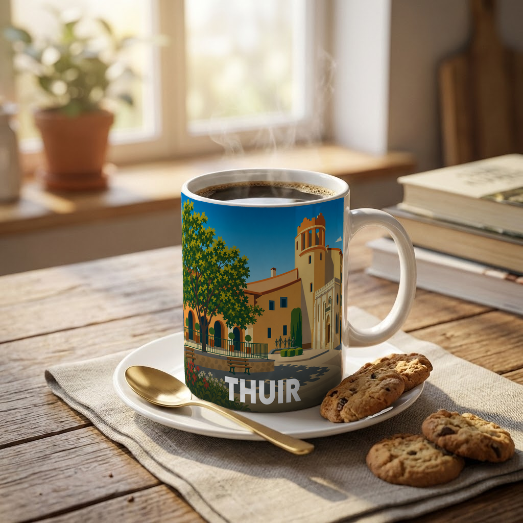 Mug souvenir de la ville de Thuir orné d'une illustration stylisée de son architecture locale.