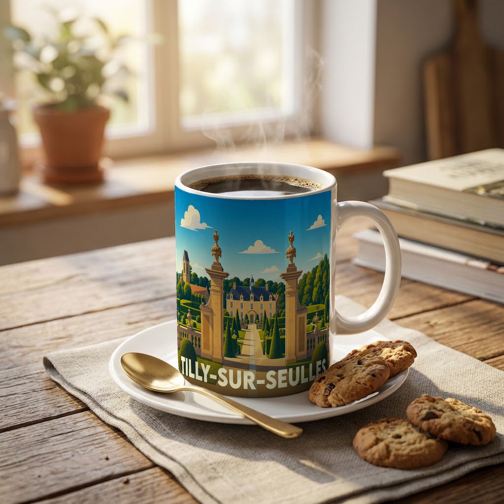 Mug souvenir de la ville de Tilly-sur-Seulles orné d'une illustration stylisée de château.