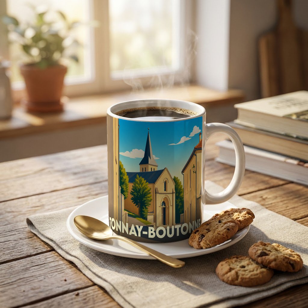 Mug souvenir de la ville de Tonnay-Boutonne avec une illustration stylisée d'une église et d'un paysage urbain.