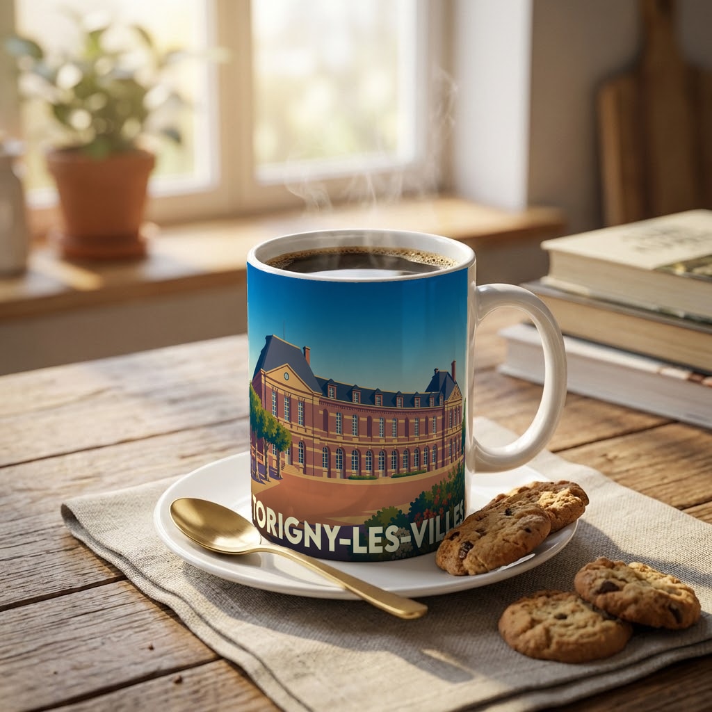 Mug souvenir de la ville de Torigny-les-Villes orné d'une illustration stylisée de son château.