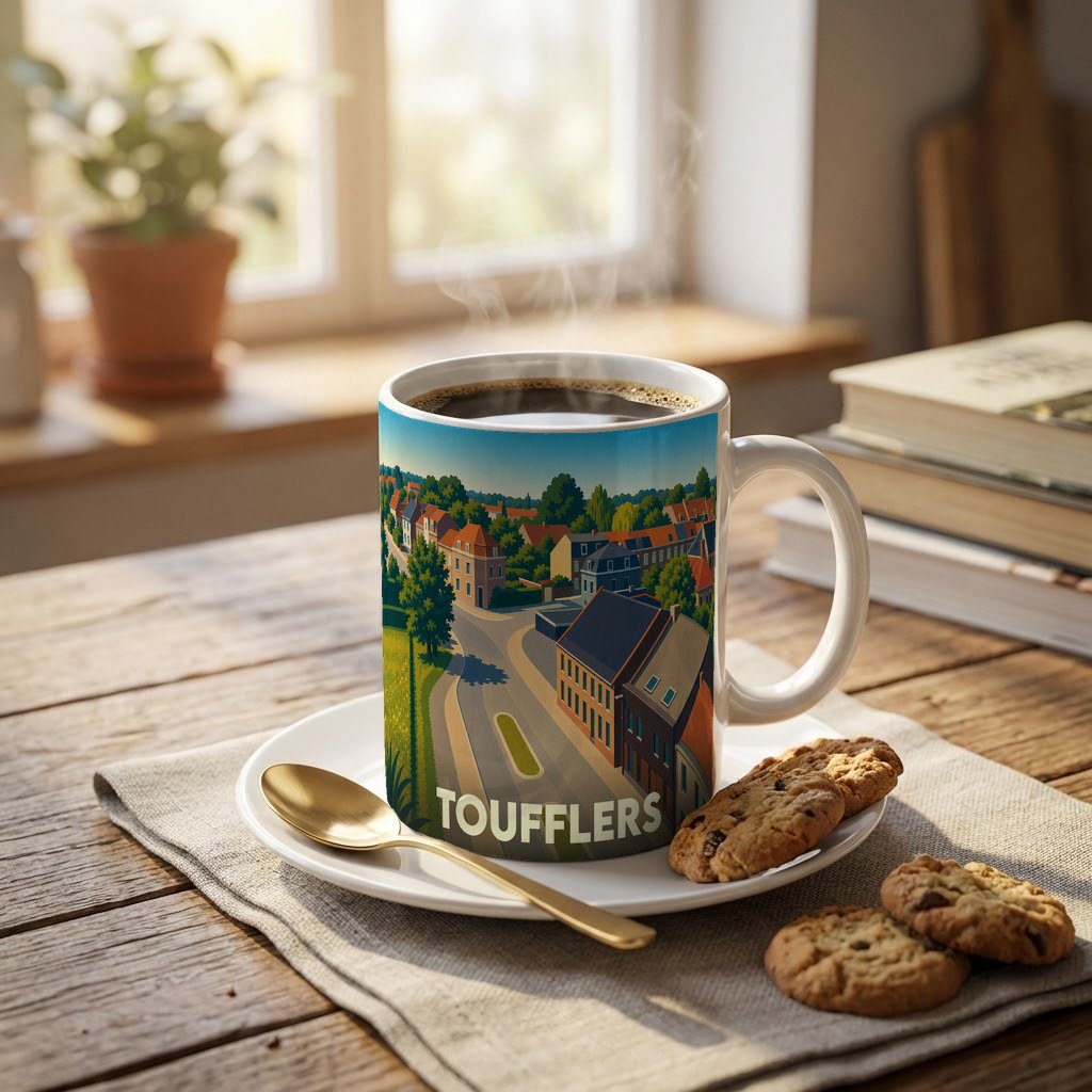 Mug souvenir de la ville de Toufflers avec une illustration colorée et stylisée de ses rues.