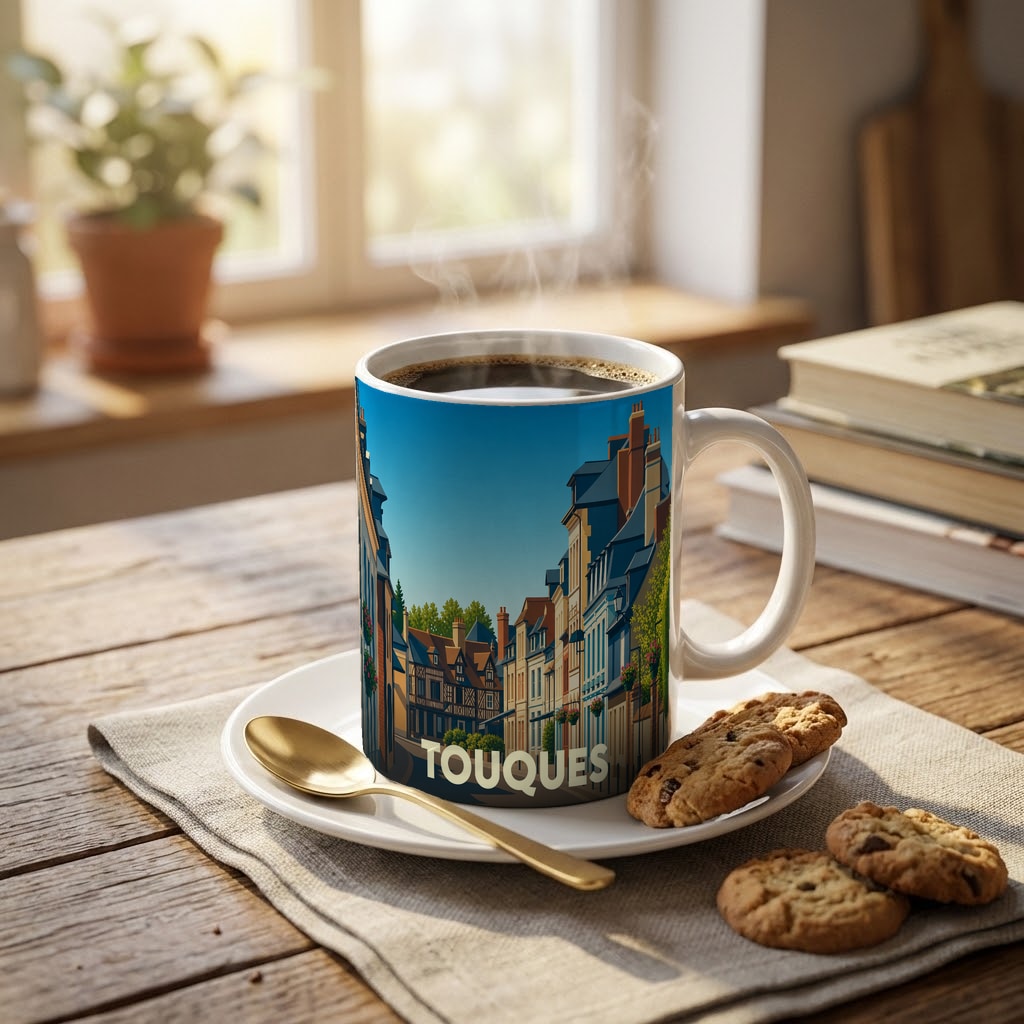 Mug souvenir de la ville de Touques avec une illustration stylisée d'une rue pittoresque.