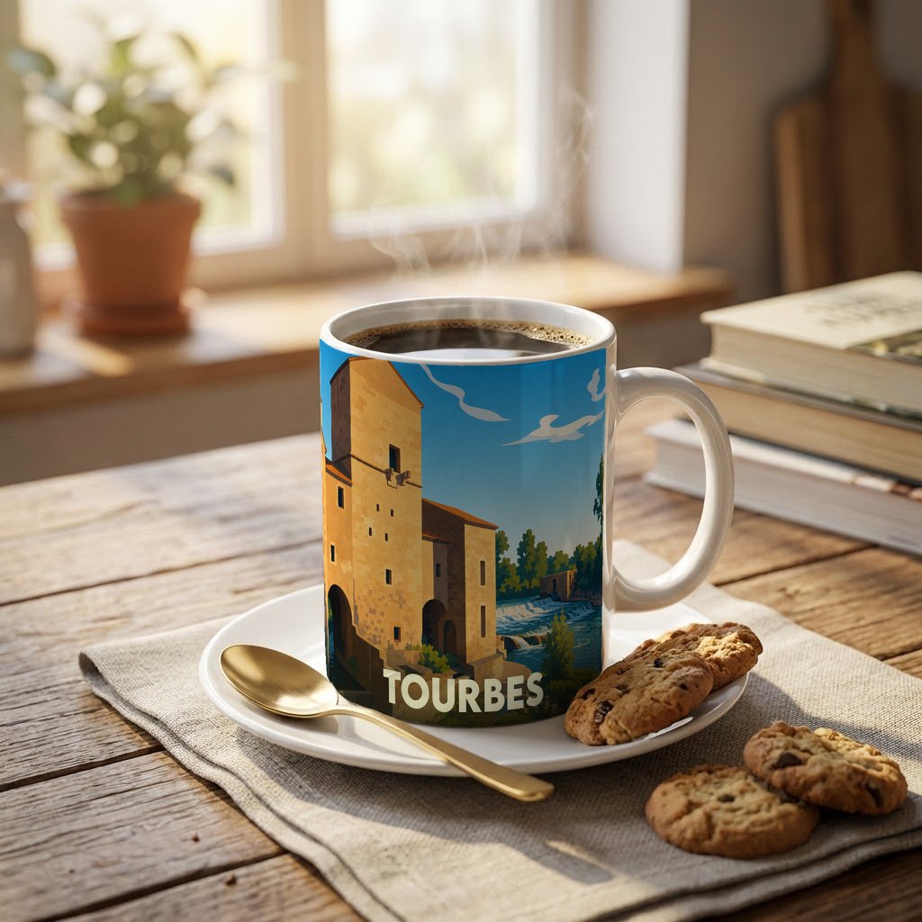 Mug souvenir de la ville de Tourbes orné d'une illustration stylisée de son patrimoine architectural.
