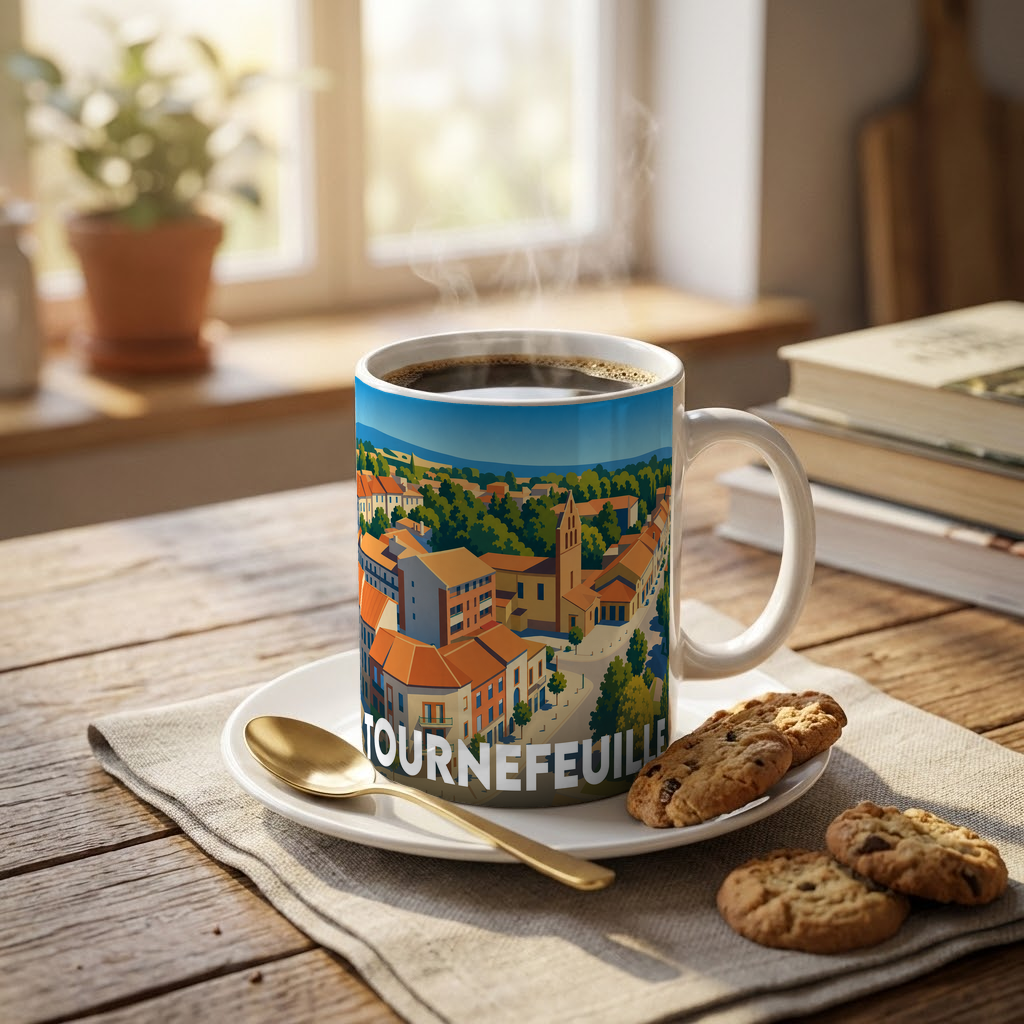 Mug souvenir de la ville de Tournefeuille avec une illustration stylisée.