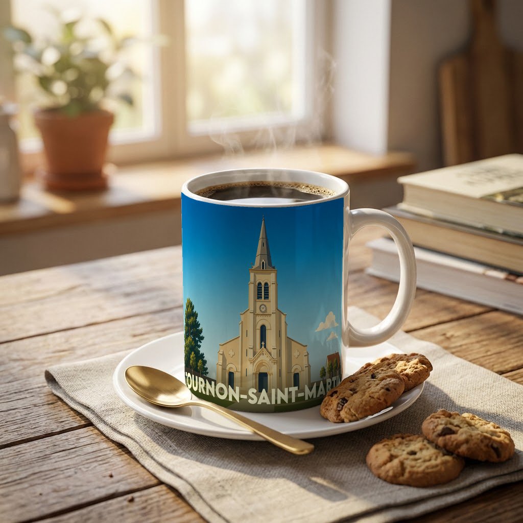 Mug souvenir de la ville de Tournon-Saint-Martin avec une illustration stylisée de son église.