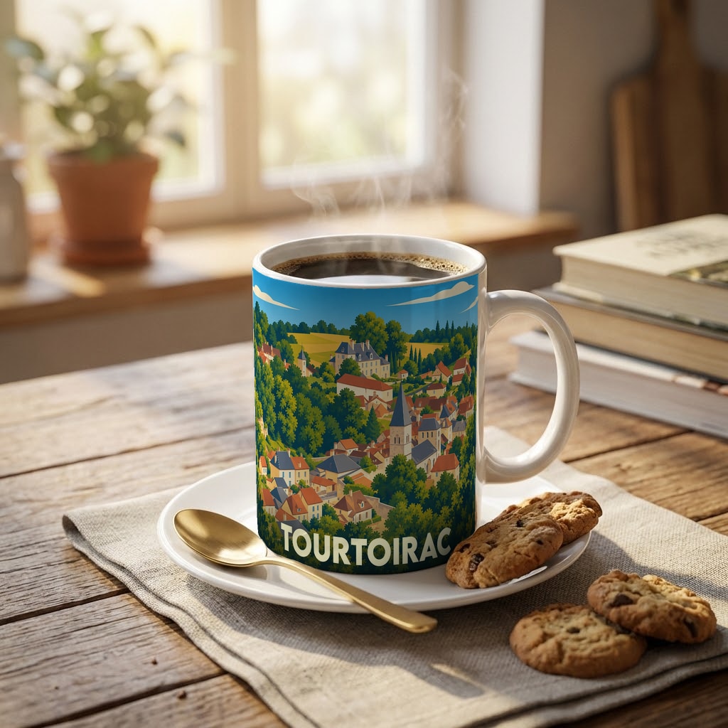 Mug souvenir de la ville de Tourtoirac orné d'une illustration stylisée du village et de son paysage.