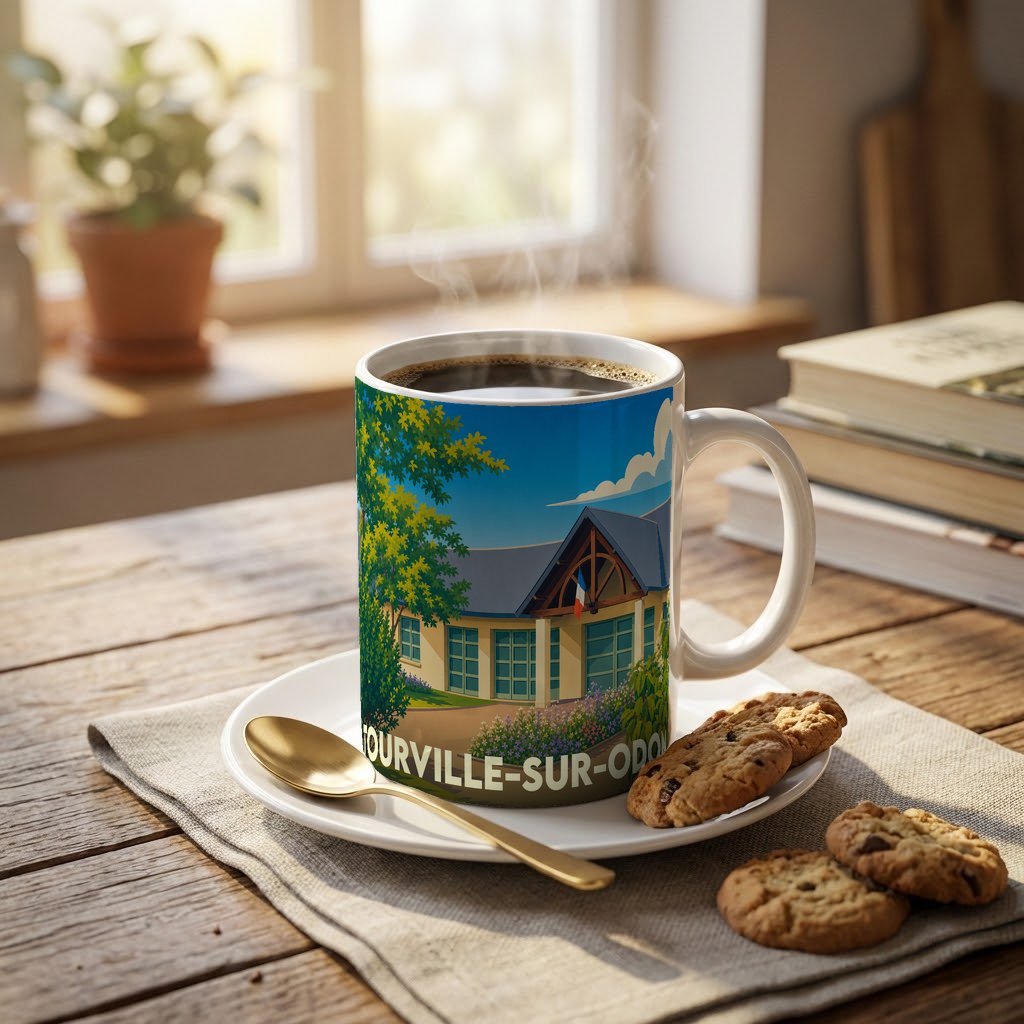 Mug souvenir de la ville de Tourville-sur-Odon avec une illustration stylisée.
