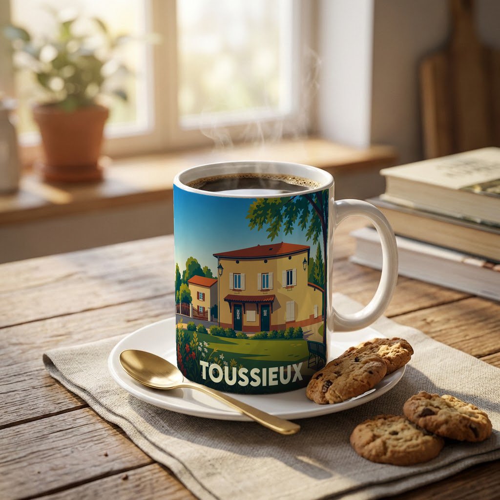 Mug souvenir de la ville de Toussieux avec une illustration stylisée d'une maison provençale.