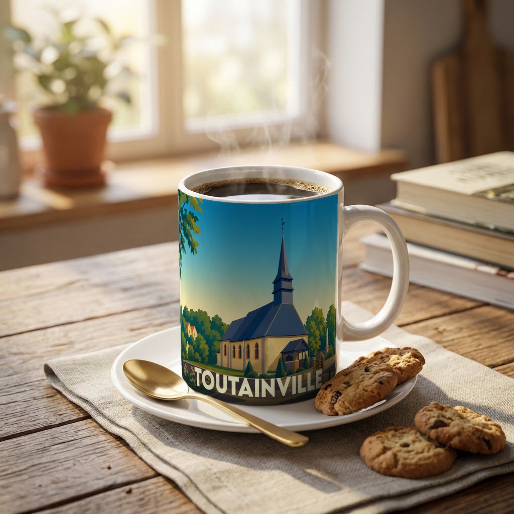 Mug souvenir de la ville de Toutainville avec une illustration stylisée de son église.