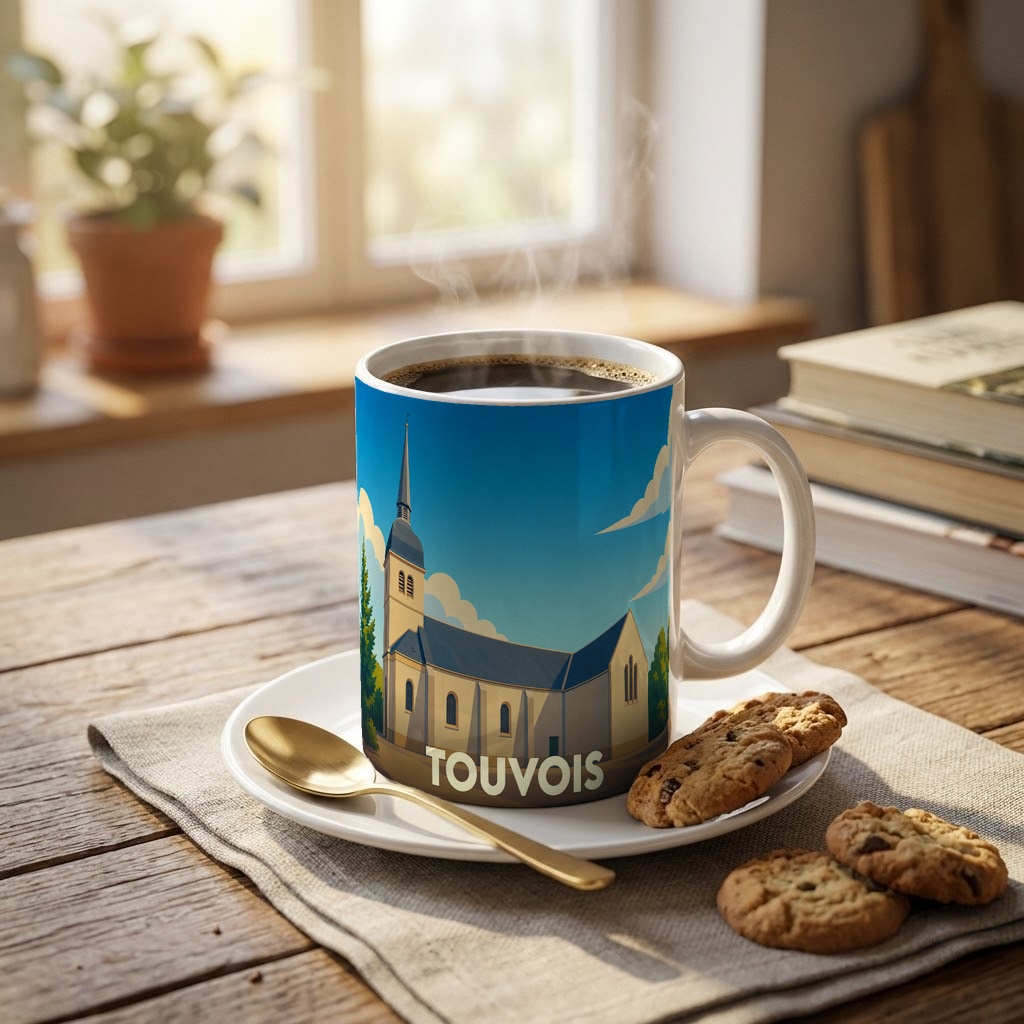 Mug souvenir de la ville de Touvois avec une illustration stylisée de son église.