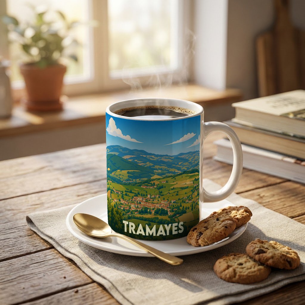 Mug souvenir de la ville de Tramayes orné d'une illustration panoramique et stylisée de ses paysages vallonnés.