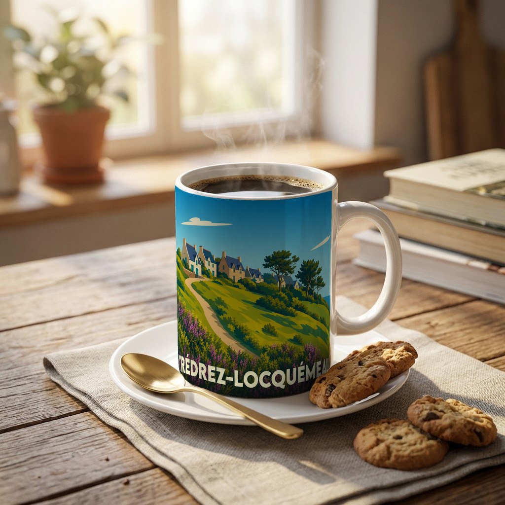 Mug souvenir de la ville de Trédrez-Locquémeau orné d'une illustration paysagère stylisée.