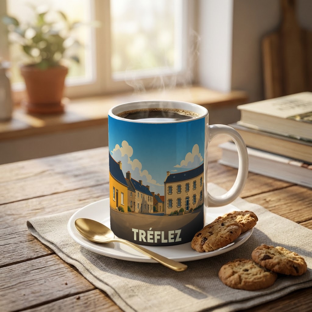 Mug souvenir de la ville de Tréflez avec une illustration stylisée.