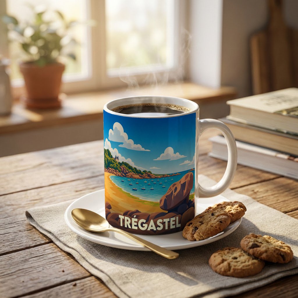 Mug souvenir de la ville de Trégastel illustré d'une vue stylisée sur la plage et ses rochers.