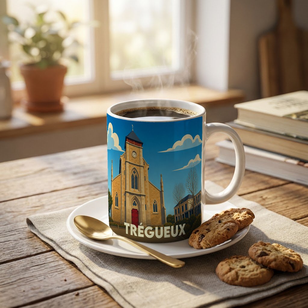 Mug souvenir de la ville de Trégueux avec une illustration stylisée de son église.
