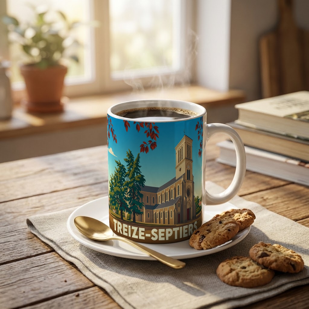 Mug souvenir de la ville de Treize-Septiers orné d'une illustration stylisée de son église.