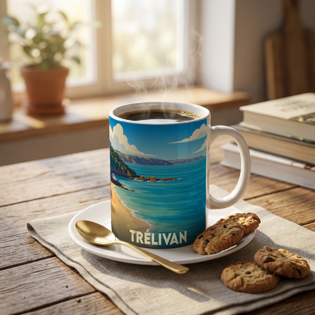 Mug souvenir de la ville de Trélivan orné d'une illustration côtière stylisée.