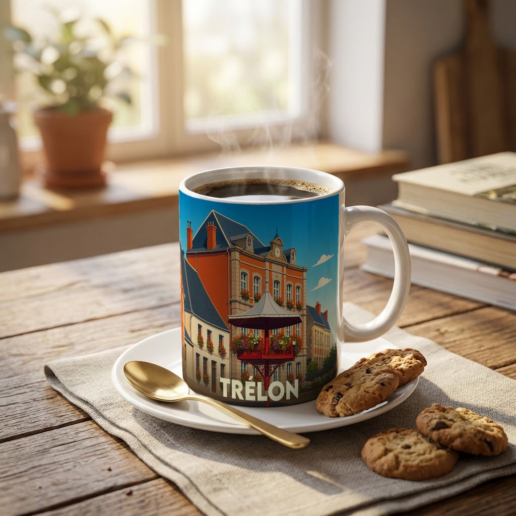 Mug souvenir de la ville de Trélon avec une illustration stylisée de son architecture locale.