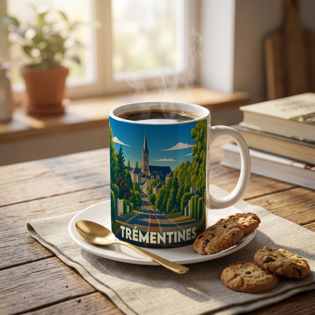 Mug souvenir de la ville de Trémentines orné d'une illustration stylisée représentant son église et ses paysages verdoyants.