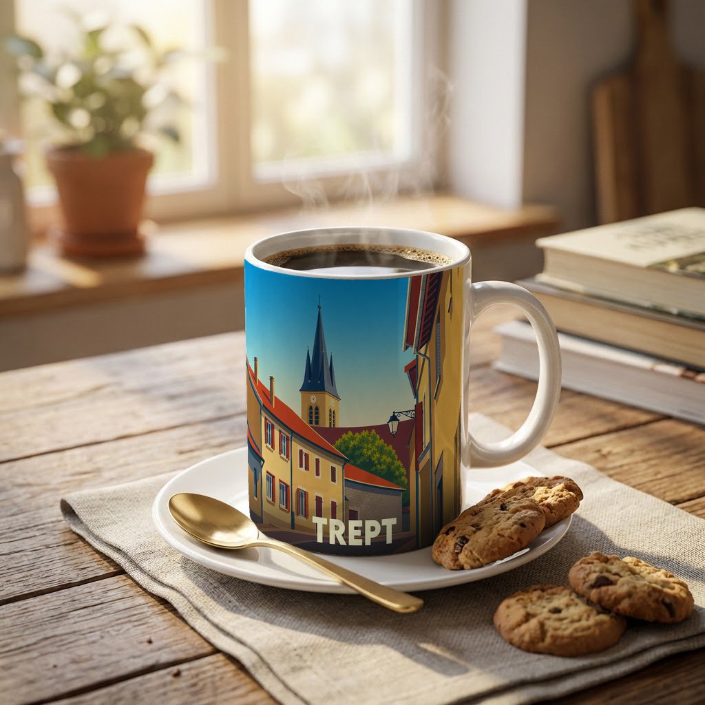 Mug souvenir de la ville de Trept avec une illustration stylisée d'un paysage urbain.