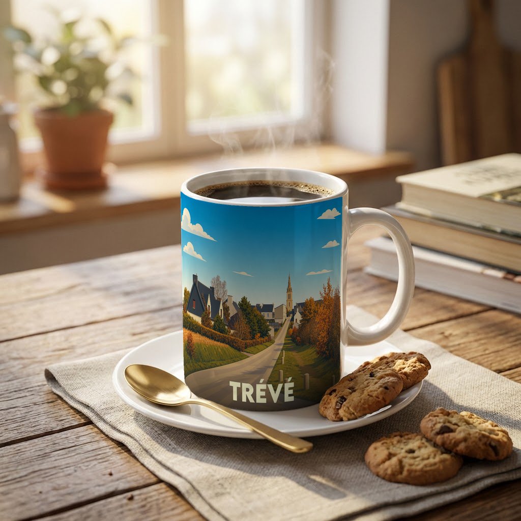 Mug souvenir de la commune de Trévé orné d'une illustration paysagère stylisée.