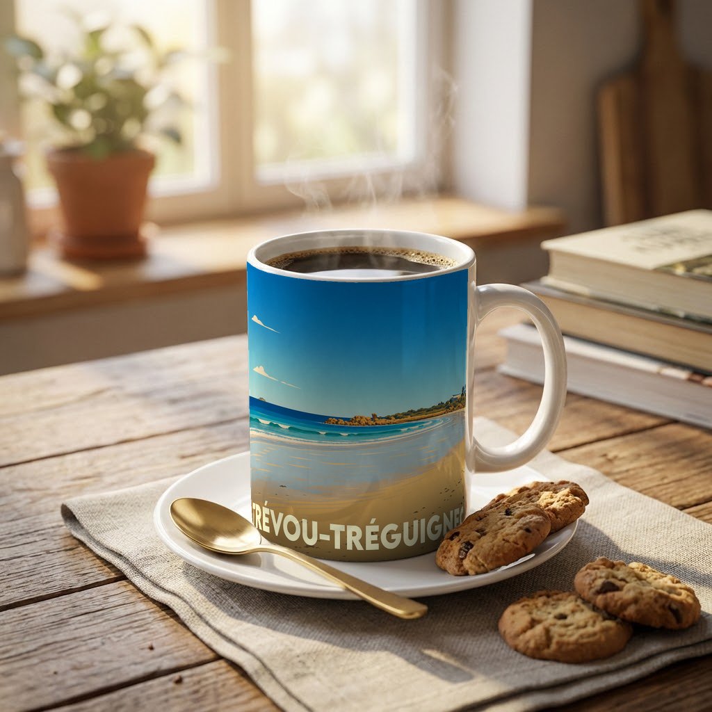 Mug souvenir de la ville de Trévou-Tréguignec avec une illustration de plage stylisée.