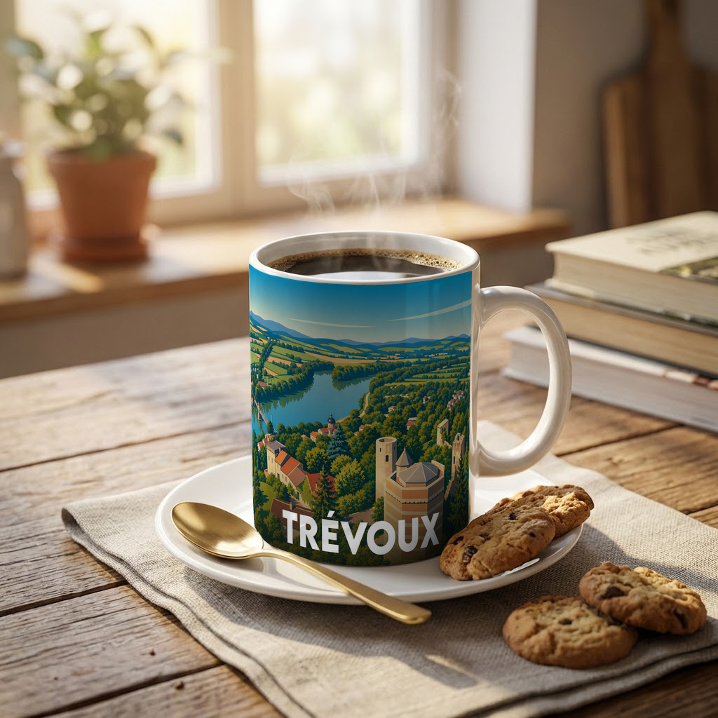 Mug souvenir de la ville de Trévoux orné d'une illustration panoramique stylisée.