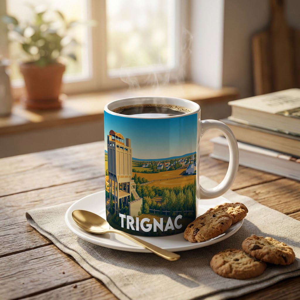Mug souvenir de la ville de Trignac avec une illustration stylisée d'un paysage industriel et champêtre.
