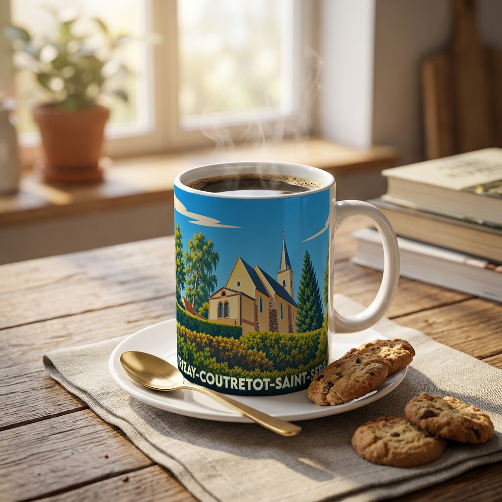 Mug souvenir de la ville de Trizay-Coutretot-Saint-Serge avec une illustration stylisée de son église.