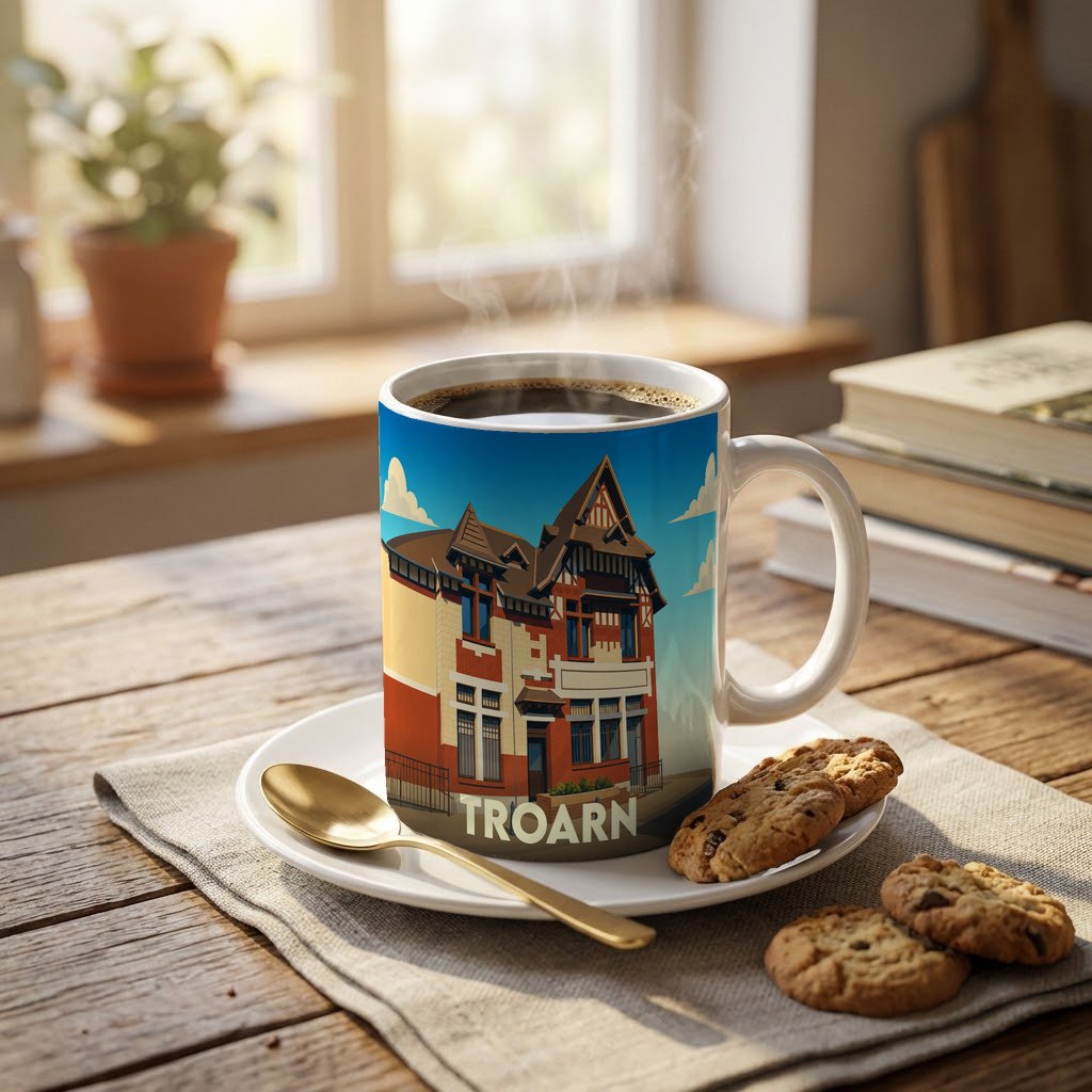 Mug souvenir de la ville de Troarn avec une illustration stylisée d'un bâtiment historique.