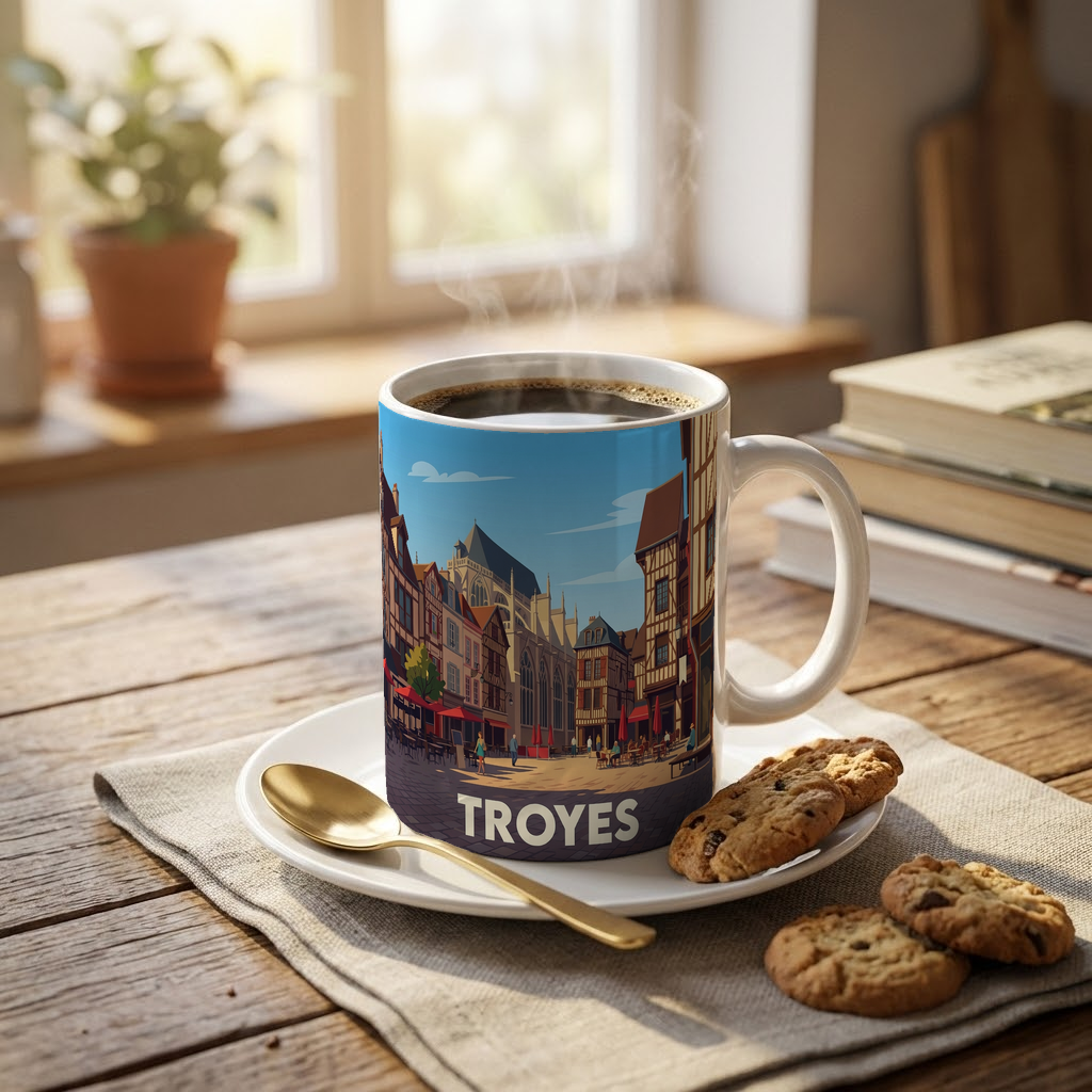 Mug souvenir de la ville de Troyes avec une illustration stylisée de son centre historique.