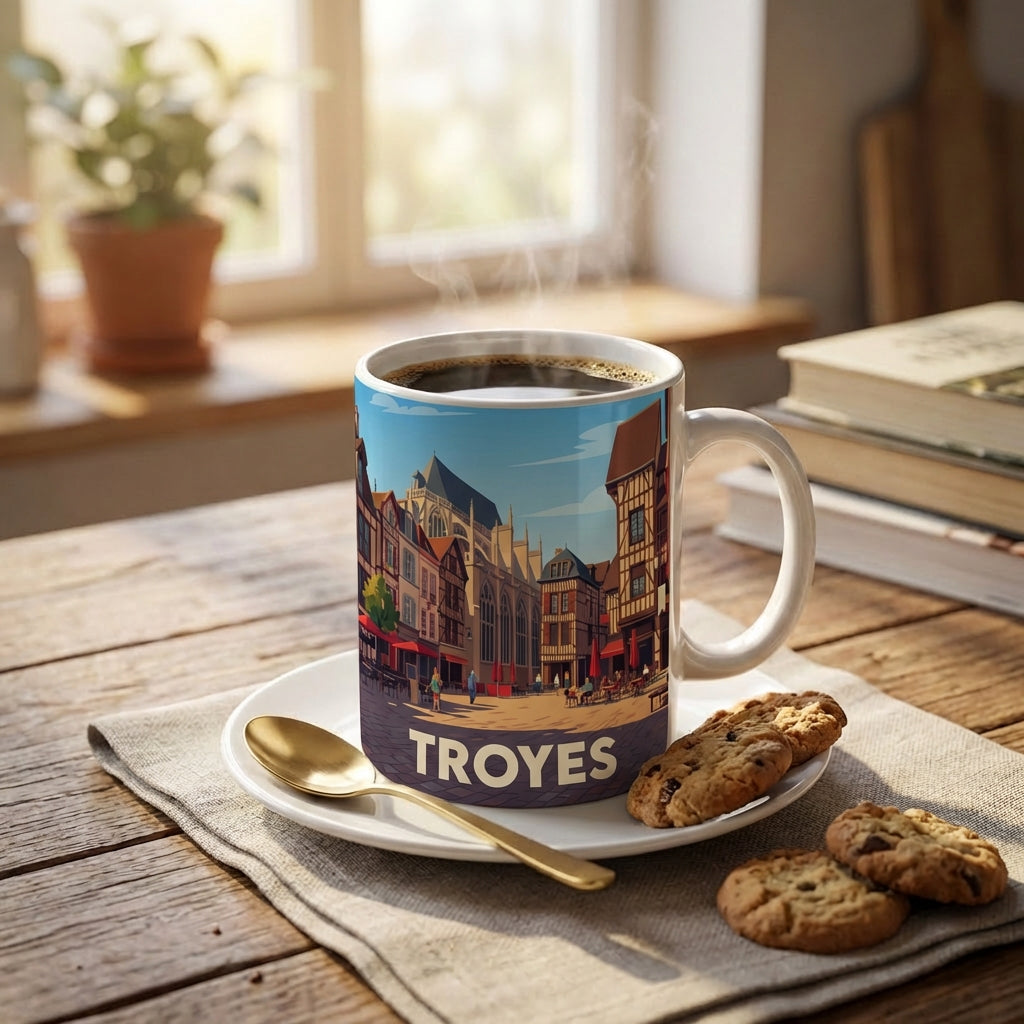 Mug souvenir de la ville de Troyes avec une illustration stylisée de son centre historique.