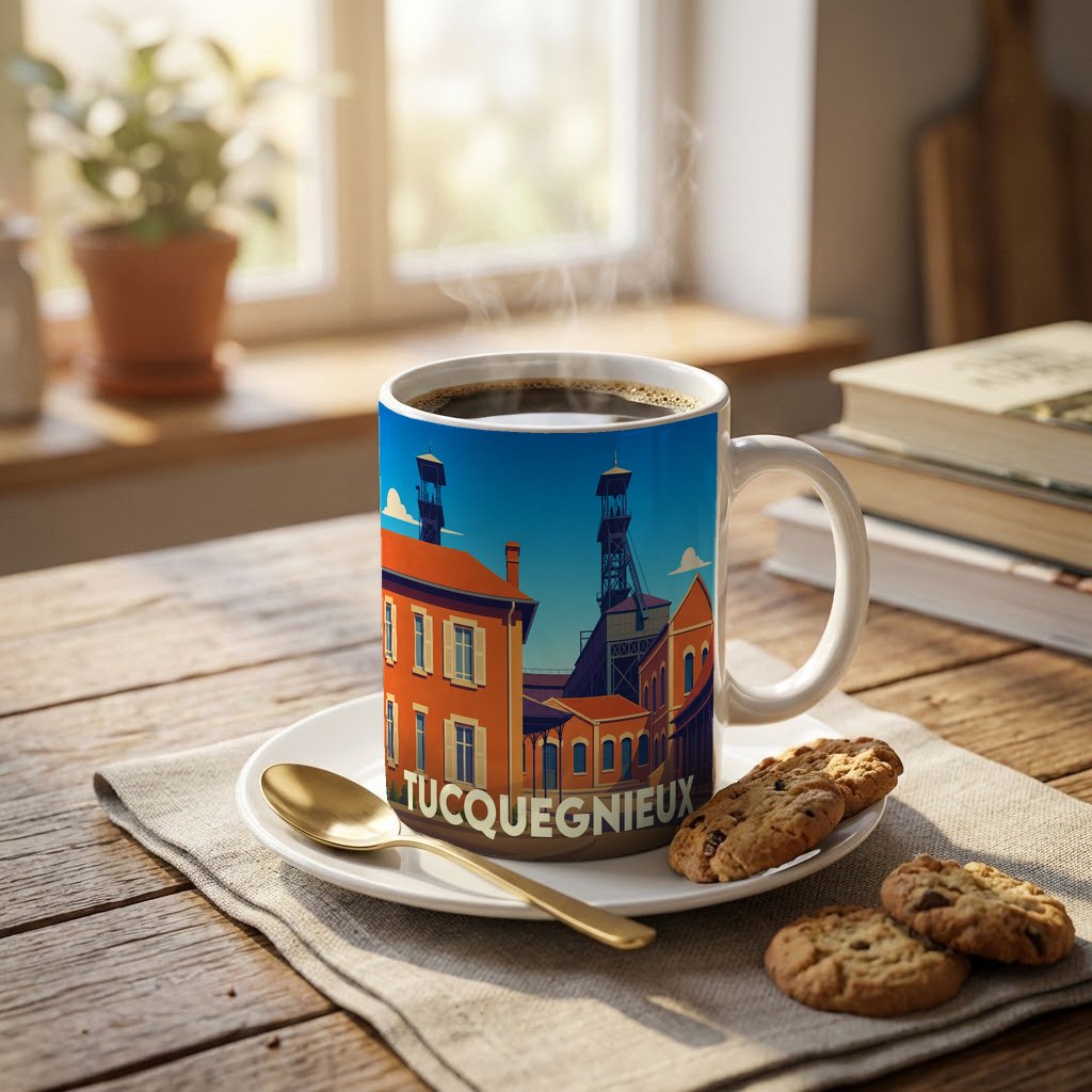 Mug souvenir de la ville de Tucquegnieux orné d'une illustration stylisée de son patrimoine minier.