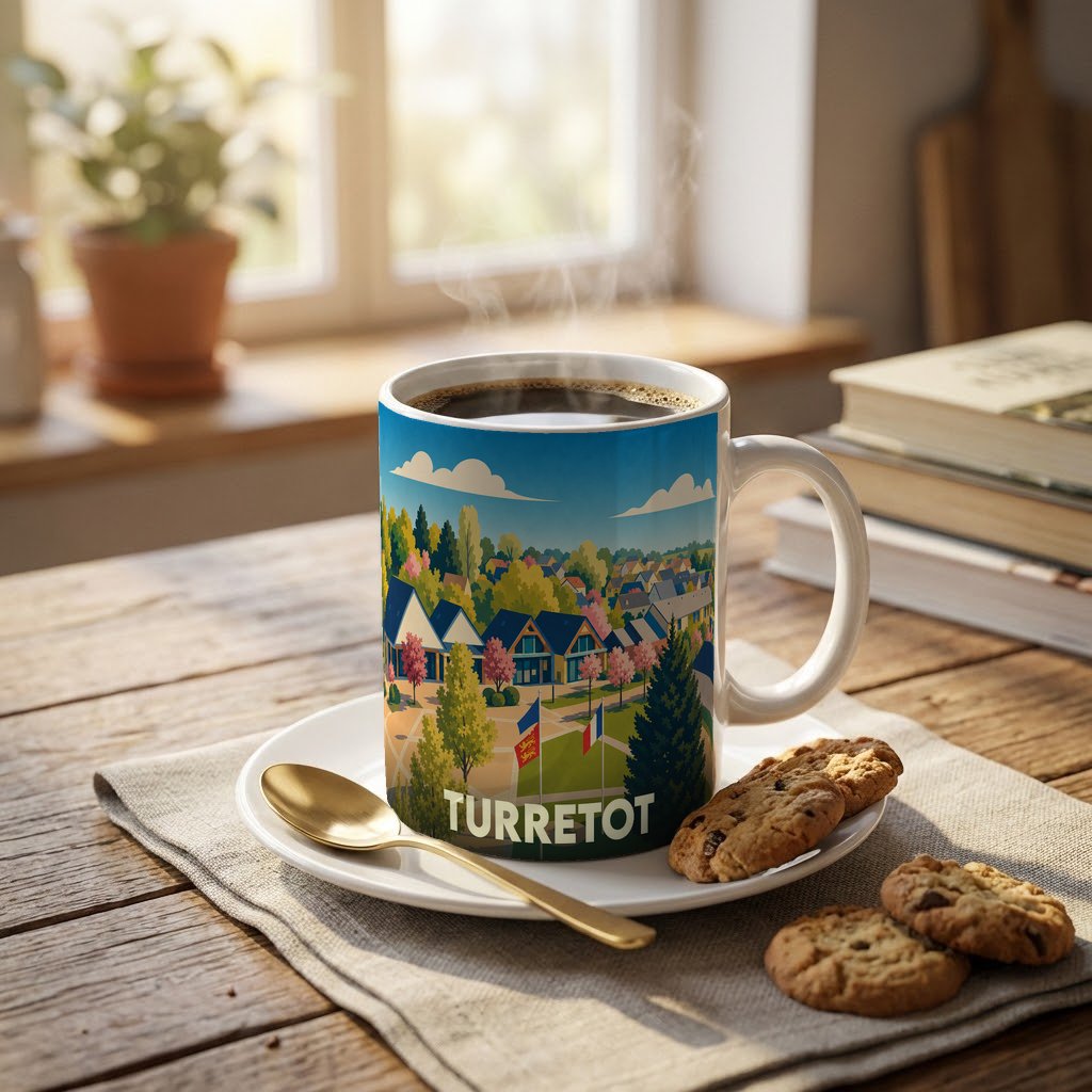 Mug souvenir de la ville de Turretot orné d'une illustration paysagère stylisée.