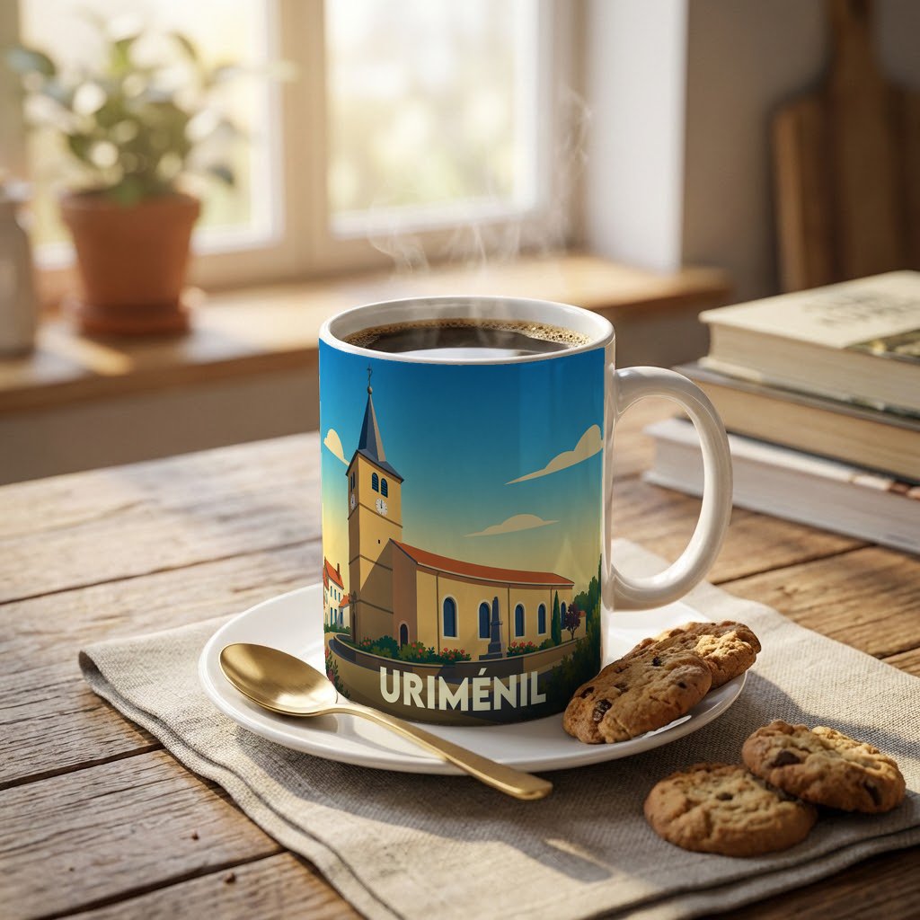Mug souvenir de la ville d'Uriménil avec une illustration stylisée de son église.