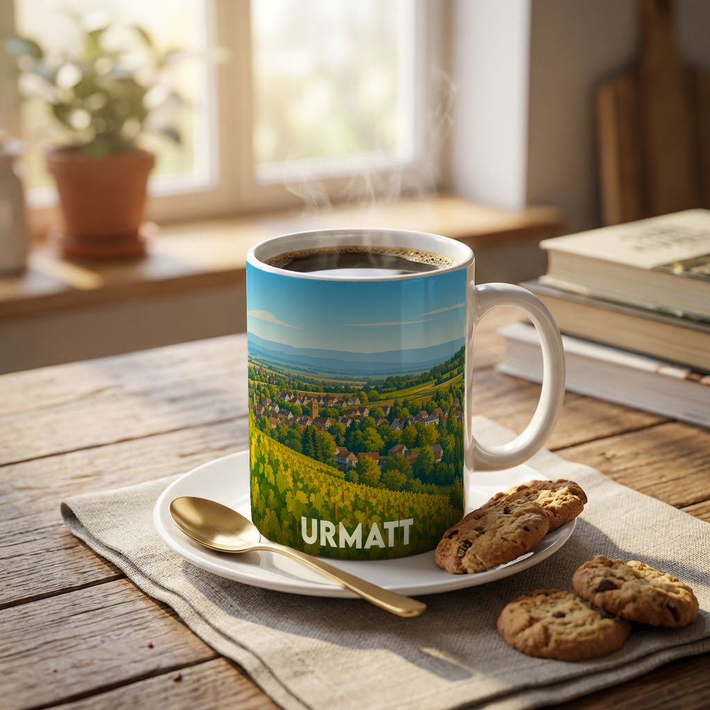 Mug souvenir de la ville d'Urmatt avec une illustration stylisée de son paysage vallonné.