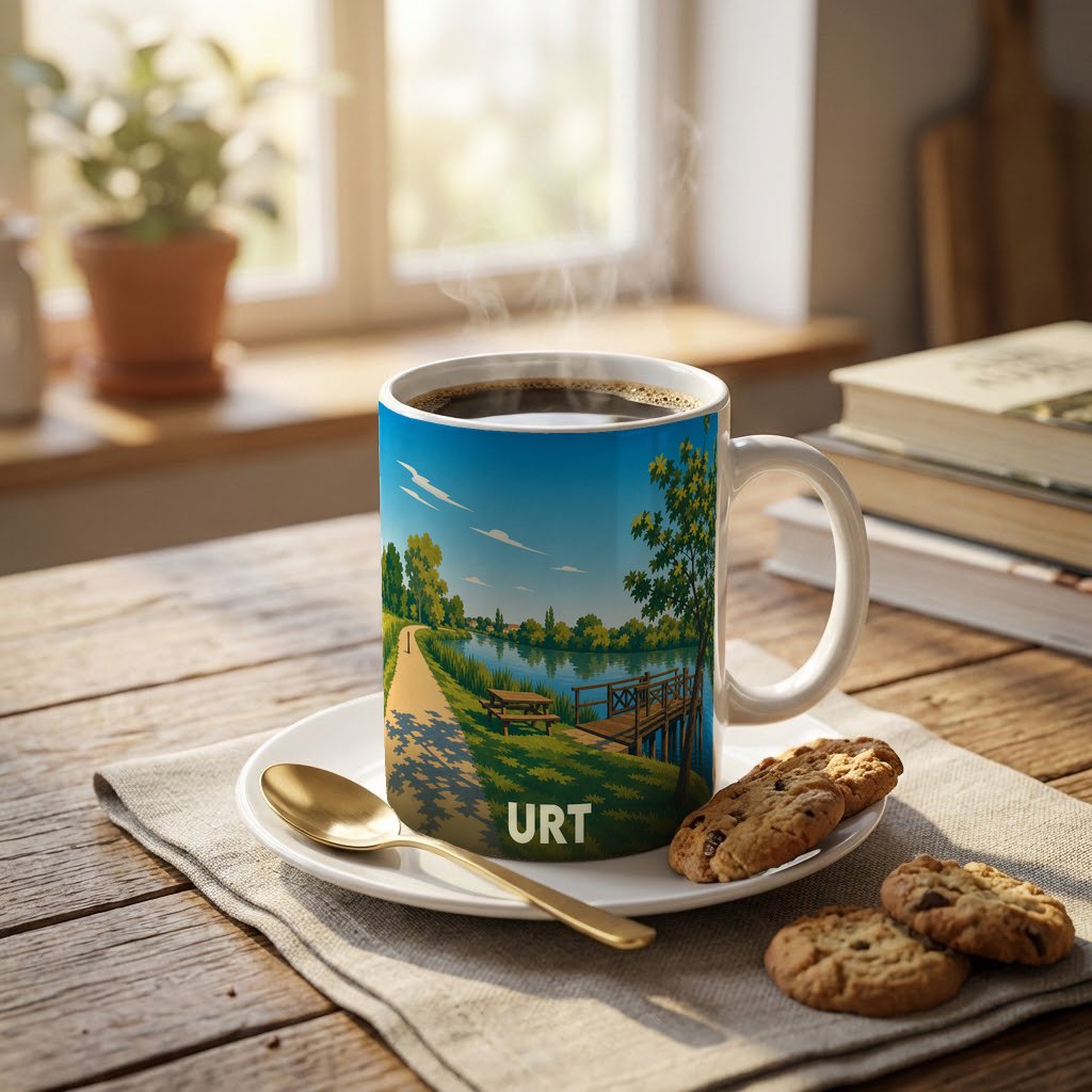 Mug souvenir de la ville de Urt avec une illustration stylisée représentant les bords de l'Adour.