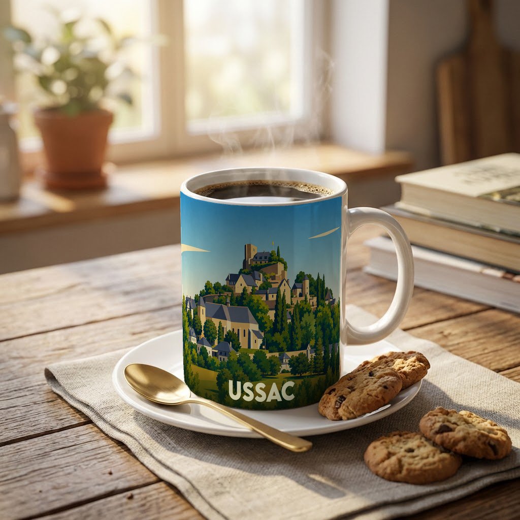 Mug souvenir de la ville d'Ussac orné d'une illustration stylisée représentant un village perché.