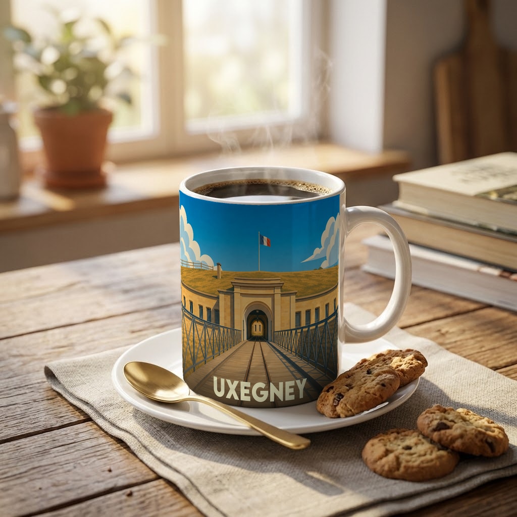 Mug souvenir de la ville de Uxegney orné d'une illustration stylisée de son fort historique.