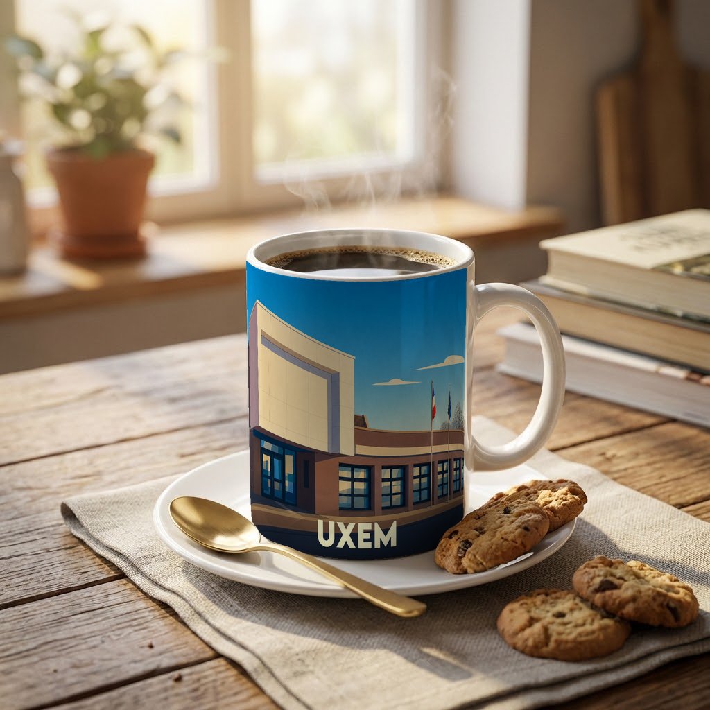 Mug souvenir de la ville d'Uxem orné d'une illustration stylisée de son architecture locale.