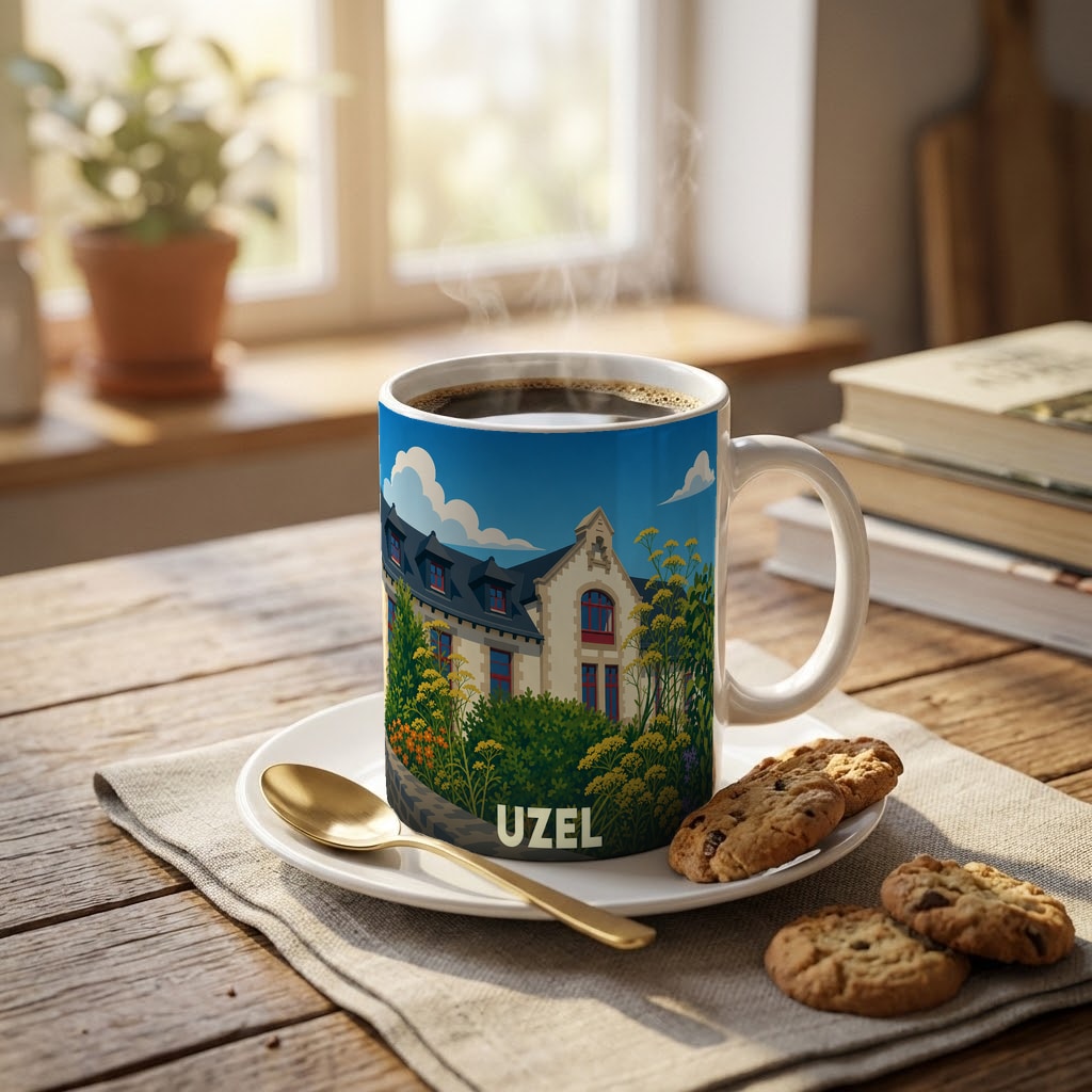 Mug souvenir de la ville d'Uzel orné d'une illustration stylisée représentant une demeure traditionnelle.