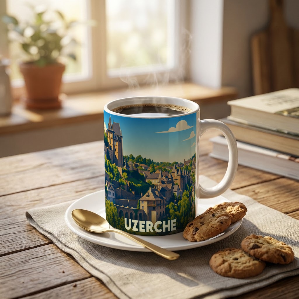 Mug souvenir de la ville d'Uzerche avec une illustration stylisée d'un paysage urbain médiéval.