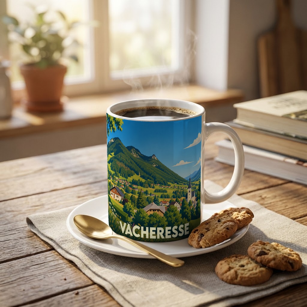 Mug souvenir de la ville de Vacheresse orné d'une illustration de paysage alpin.