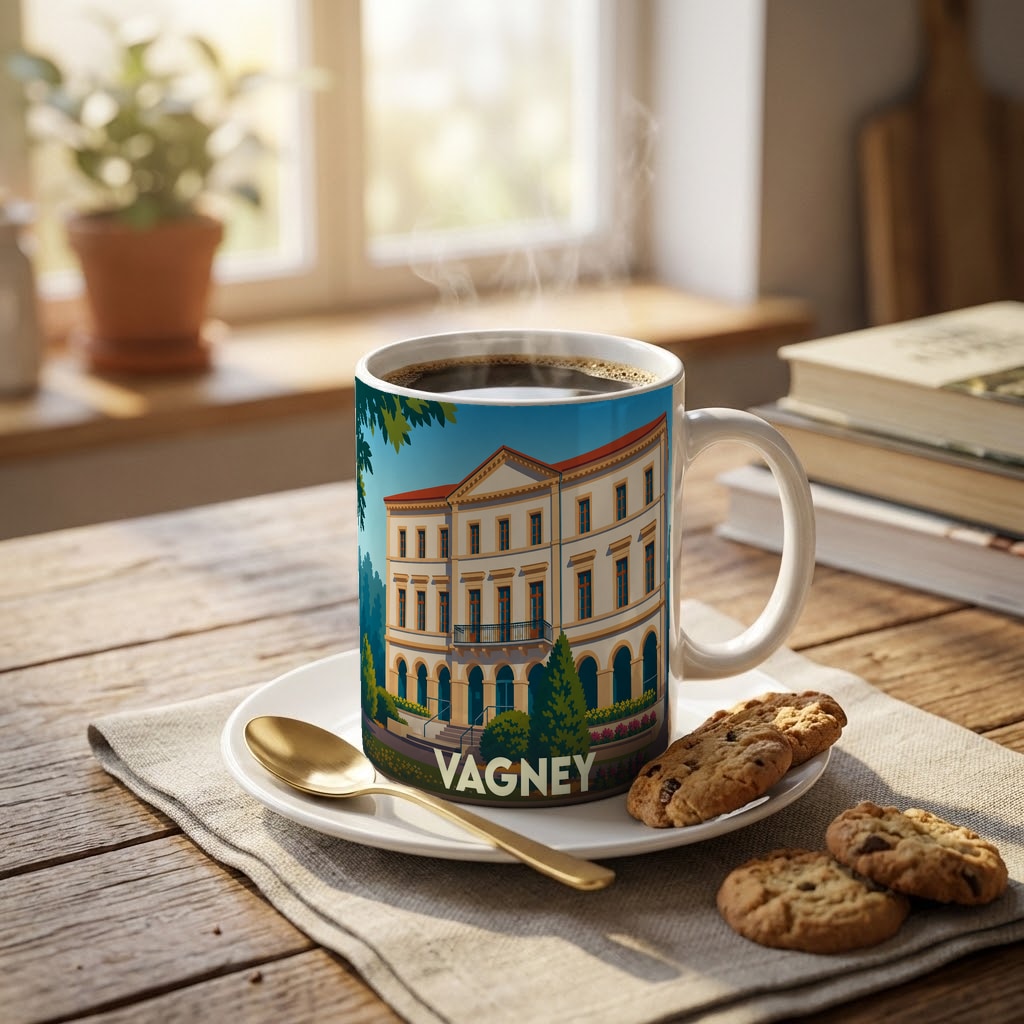 Mug souvenir de la ville de Vagney orné d'une illustration stylisée d'un bâtiment classique.