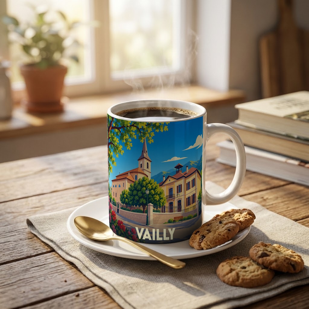 Mug souvenir de la ville de Vailly illustré d'un paysage urbain stylisé, posé sur une table avec des biscuits.